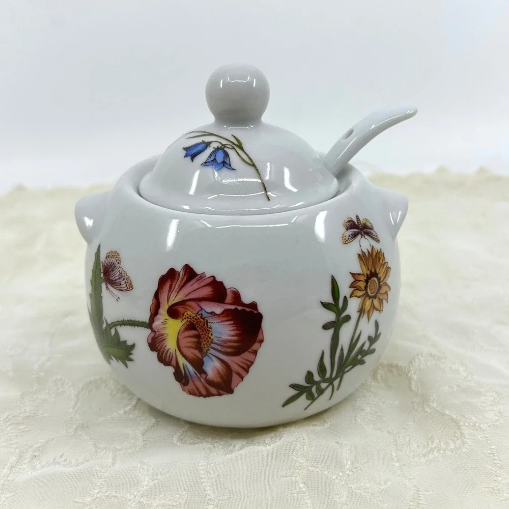 Vintage Floral Flower Sugar Bowl with Spoon Carolina Pattern Cordon Bleu Bia